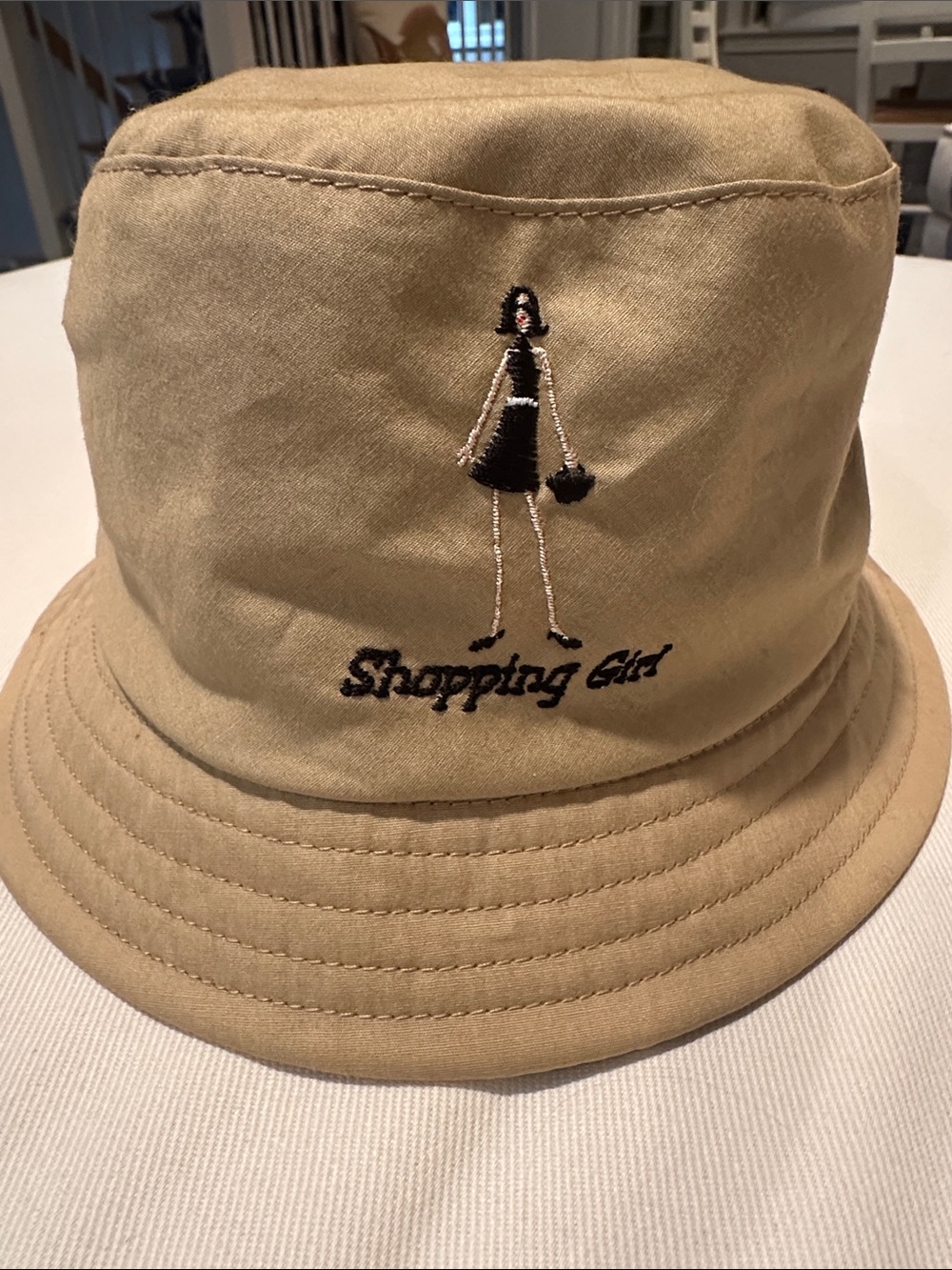 The Girls Beige Bucket Hat with 'Shopping Girl' Embroidery